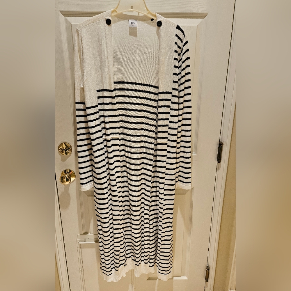 CAbi Navy and White Long Cardigan